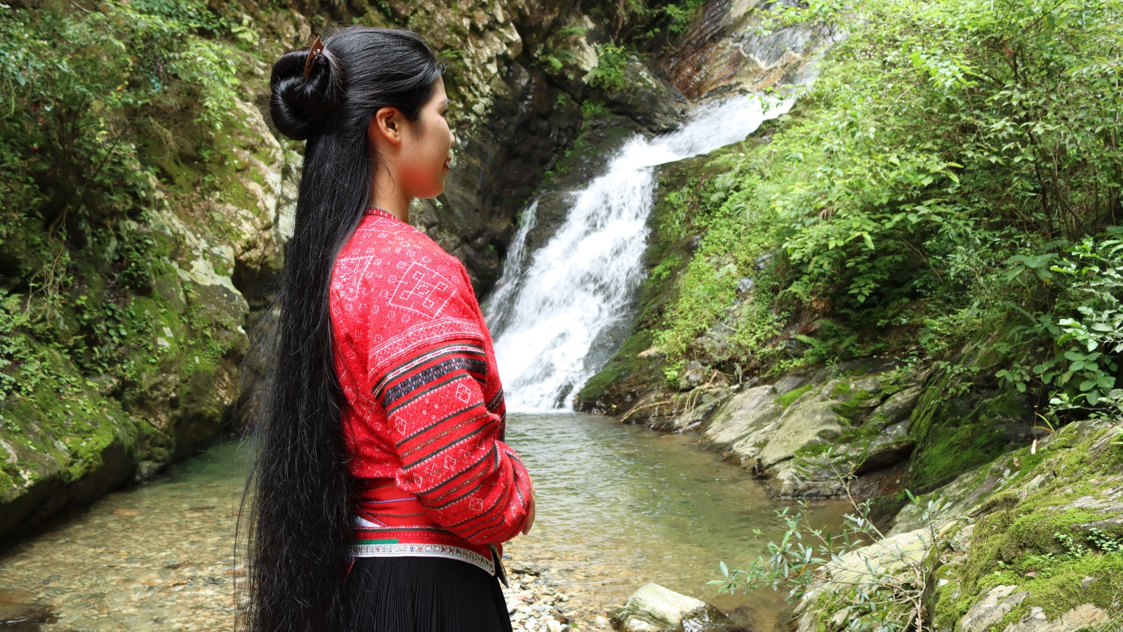 Long Hair Red Yao Woman at a Natural Waterfall 